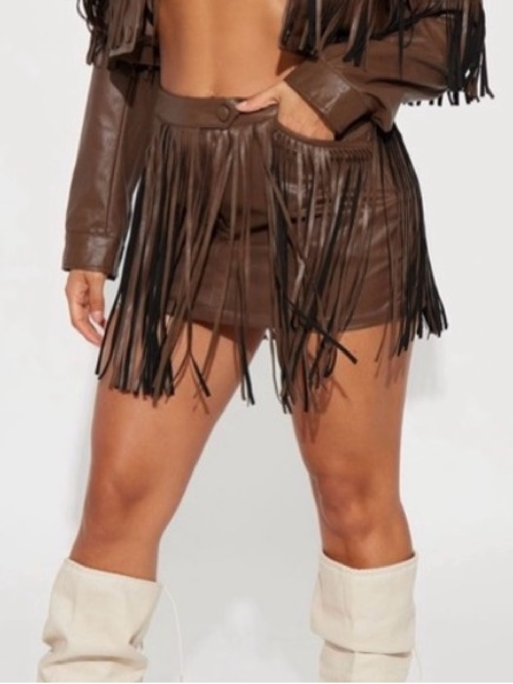 Fashion Nova Brown Leather Fringe Mini Skirt - Size Small NWT